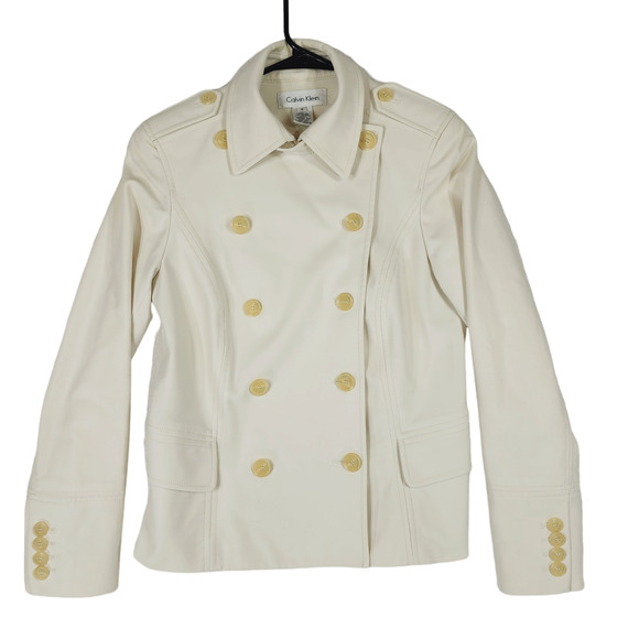 Calvin Klein Double Breasted Pea Coat sz 6 Women Ivory Cream Cotton Lined Jacket - Picture 2 of 12